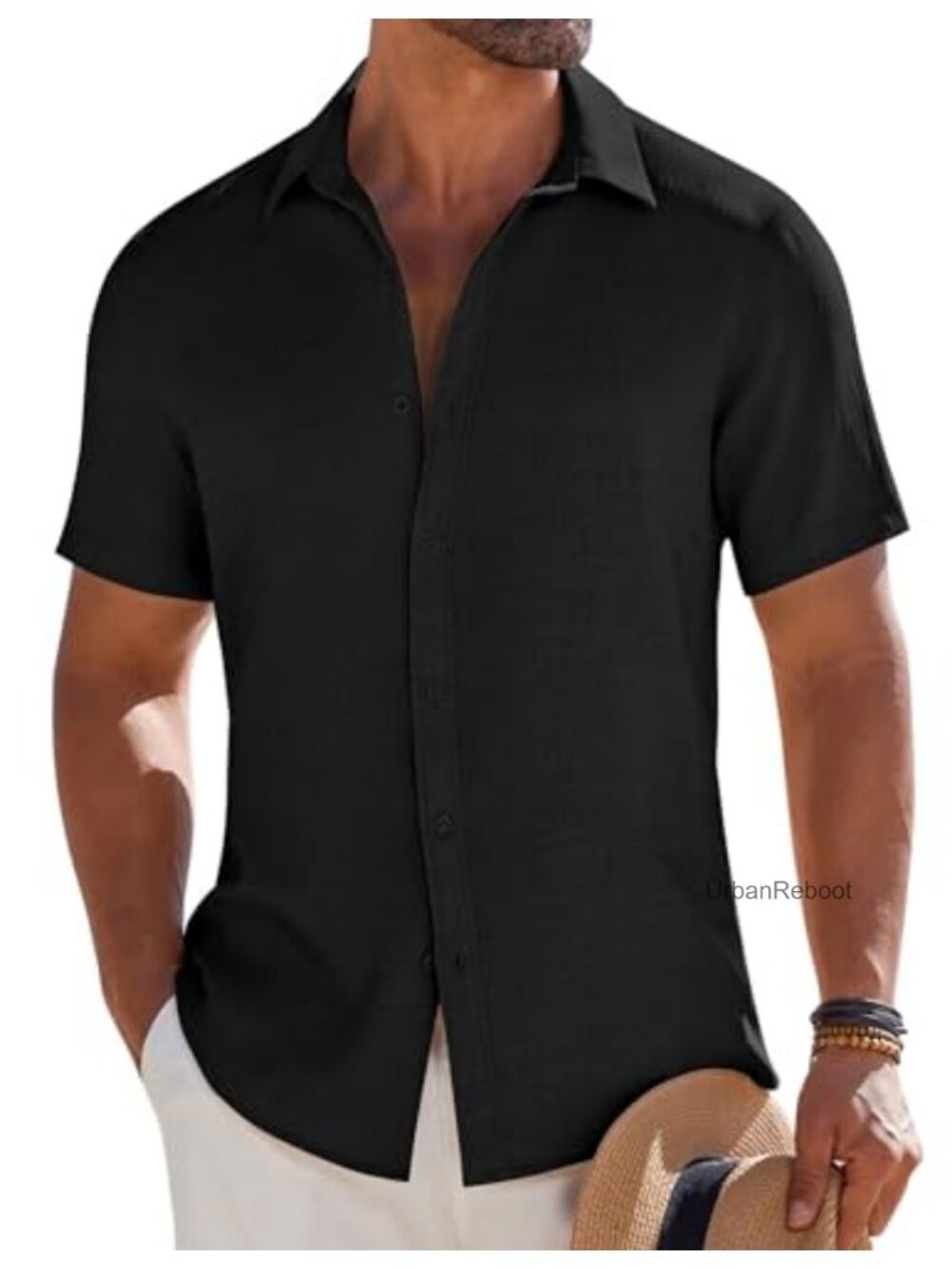 Men's Linen Blend Short Sleeve Button Down Casual Summer Shirt